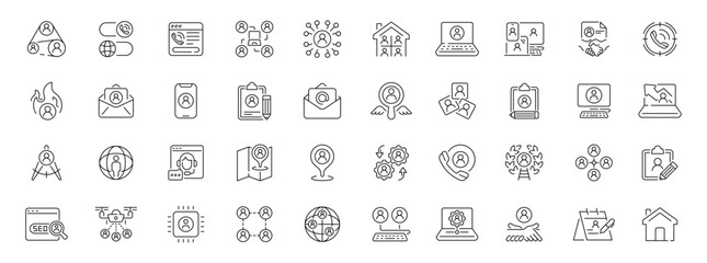 Client management icons set. editable line icons, outline, crm, business tools