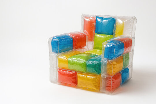 An armchair made of multi-colored soft cubes in a transparent shell. Space for text.