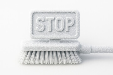 A brush with the word STOP made of frost.