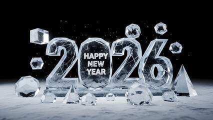 Crystalline 2026 happy new year text made of ice and diamonds