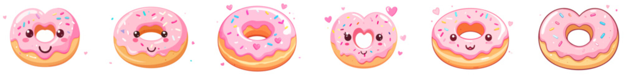 Kawaii Valentine Donut Characters Vector Set &ndash; Cute Flat Cartoon Pink Frosted Doughnuts with Hearts