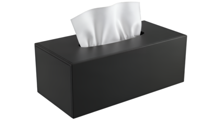 A sleek black tissue box with soft tissue inside, isolated on transparent background, showcasing modern design and luxury style