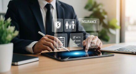 Digital insurance policy management interface showing business professional using tablet for secure coverage planning and modern financial services workflow