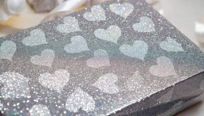 Sparkling Heart Shaped Gift Box with Glittery Design for Valentine's Day Celebrations . A luxurious gift box adorned with sparkling heart shapes, perfect for Valentines Day or romantic occasions. The 