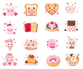 Kawaii Valentine Dessert Icons Vector Set &ndash; Cute Flat Cartoon Sweets, Drinks, and Treats with Hearts