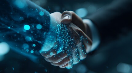 Digital handshake symbolizing technology, connection, and collaboration in a futuristic world.