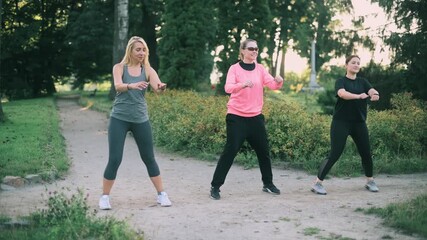 Three middle-aged girlfriends doing fitness exercises in the park. 