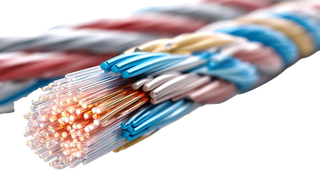 Closeup view of the exposed twisted pair wires inside a cut network cable isolated on transparent background