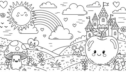 Whimsical castle scene with smiling sun rainbow and apple © Fariha