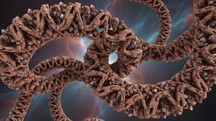 Abstract image of interconnected organic structures with intricate patterns against a cosmic background