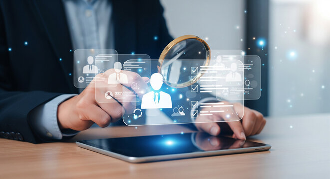 Corporate talent selection concept with digital profiles and magnifying glass on tablet representing strategic recruitment and evaluation workflow