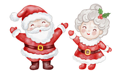 Cute Watercolor Illustration Of Smiling Santa Claus And Mrs Claus Waving Hands. Festive Christmas Characters Perfect For Holiday Cards, Decorations, Kids Designs And Seasonal Marketing
