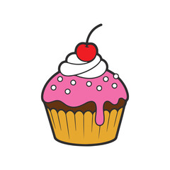 Colorful cartoon cupcake with pink frosting and cherry on top