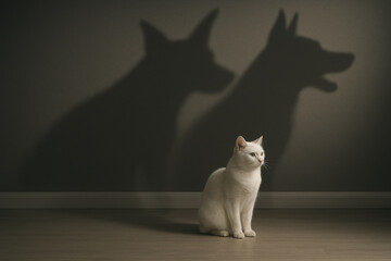 A white cat and its shadows in the form of dogs on the wall.