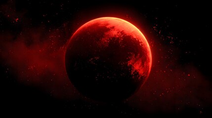 Dramatic Red Planet in Deep Space with Nebulous Atmosphere and Stars.