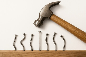 A hammer and curved nails next to a straight nail. Space for text.
