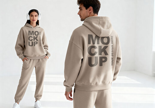 Oversized Beige Hoodie Mockup on Models in a Clean White Studio