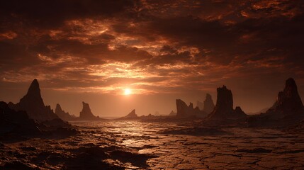 Dramatic Sunset Over Jagged Rock Formations and Turbulent Waters.