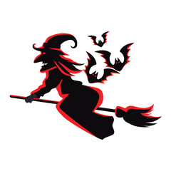 Witch Flying on Broom and bats flying silhouette icon Sign Vector