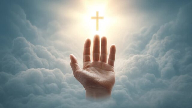 Ethereal Hand Reaching Towards a Glowing Cross in a Dreamlike Cloudy Sky 4k video footage