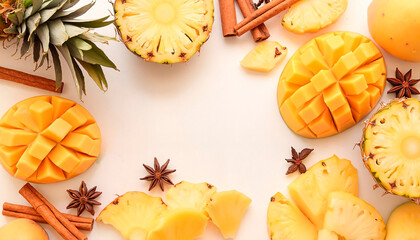 Pineapple and mango slices arranged in a circle with cinnamon and star anise, creating space for text on a white background