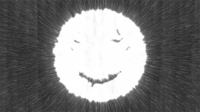 Black and white glowing energy sphere with radial explosion rays and digital glitch texture