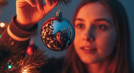 Close-up of hand holding reflective Christmas bauble. Young woman's face is reflected in ornament with festive tree in background