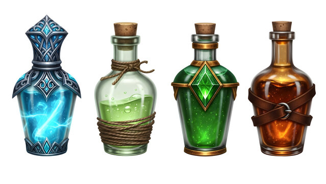 Four distinct fantasy game potion bottles featuring magical elixirs for healing mana strength and elemental power