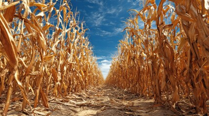 Vast Rows of Golden Corn Stalks Under a Bright Blue Sky on a Sunny Day in Agricultural Fields of Summer Harvest Season
