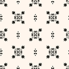 Simple minimalist floral pattern. Minimal seamless texture with small flower shapes. Abstract black and white geometric background. For print, package