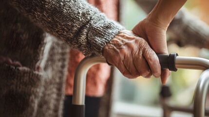 Elderly Persons Hand Gripping Walker for Support, Assistance, and Mobility in Daily Life.