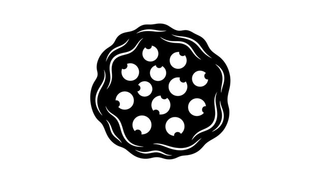 Abstract black and white depiction of a circular pattern resembling a stylized pizza or tart with