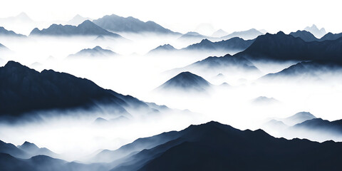 Misty mountain range with foggy valleys on white background mountains landscape isolated on a transparent background