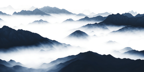 Misty mountain range with foggy valleys on white background mountains landscape isolated on a transparent background