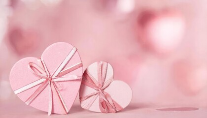 Romantic Valentine's Day Gifts. Two heart-shaped boxes tied with pink ribbons on a blurred pink background, symbolizing love and affection for Valentines Day. The concept represents celebration, gifti