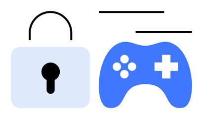 Obraz premium Padlock symbolizing protection beside a blue game controller. Ideal for cybersecurity, online gaming, data privacy, digital rights, safe technology, secure gaming setups, and user safety concepts