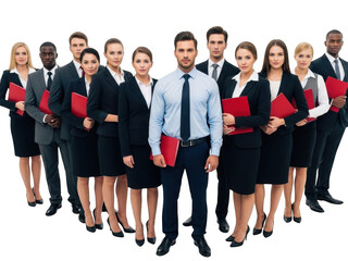 Obraz premium Diverse group of business professionals standing together in formal attire holding red folders isolated on transparent background