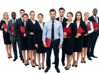 Diverse group of business professionals standing together in formal attire holding red folders isolated on transparent background