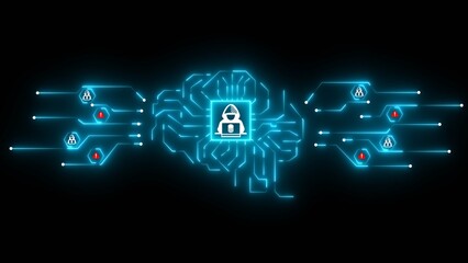 Futuristic digital brain circuit with hacker icon and warning symbol representing cyber security illustration. neon glow line