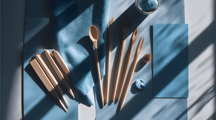 Eco friendly sustainable bamboo kitchen utensils and straws on blue background with natural light shadows