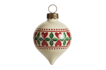 White Christmas tree ornament with red and green hearts isolated on a transparent background