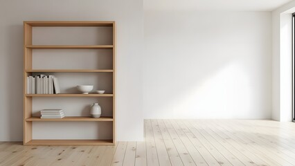 Obraz premium A minimalist wooden bookshelf with books and decorative items on a white wall background