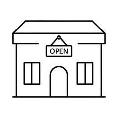 A line drawing icon of a small shop with an open sign hanging above the entrance isolated on white background, Vector, illustration