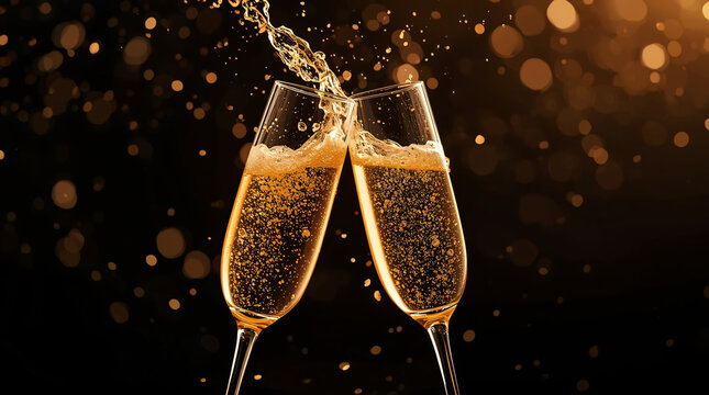 Two glasses of bubbly champagne in crystal flutes ready for a celebration