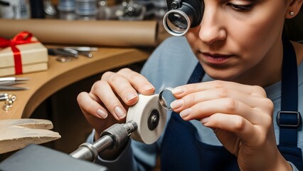 An artisan carefully polishing a piece of metal, using specialized tools and equipment. Her focused expression reveals her dedication to craftsmanship