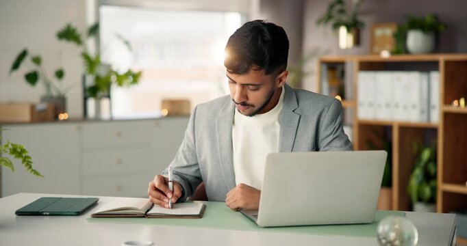 Media agency, laptop and man in office, writing and research for creative project. Person, planning and employee in workplace, computer and website info with proposal, publishing schedule or notebook