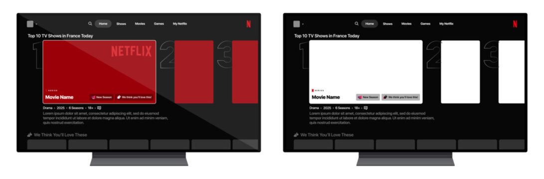Netflix TV 2026 interface on transparent PNG showing featured movie banner recommendations grid playback buttons navigation tabs and dark cinematic smart television layout
