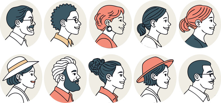 Cartoon woman face avatar icon set with different hairstyles and smiling expressions vector illustration