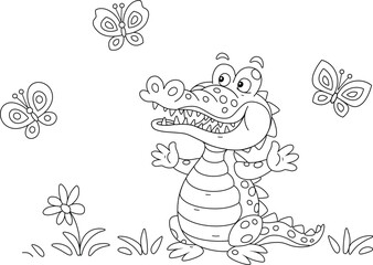 Happy crocodile playing with small butterflies on a summer lawn with flowers, black and white outline vector cartoon illustration for a coloring book