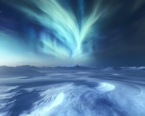 Naklejka premium Vibrant green and blue aurora borealis northern lights display in night sky over snowy winter landscape with mountains